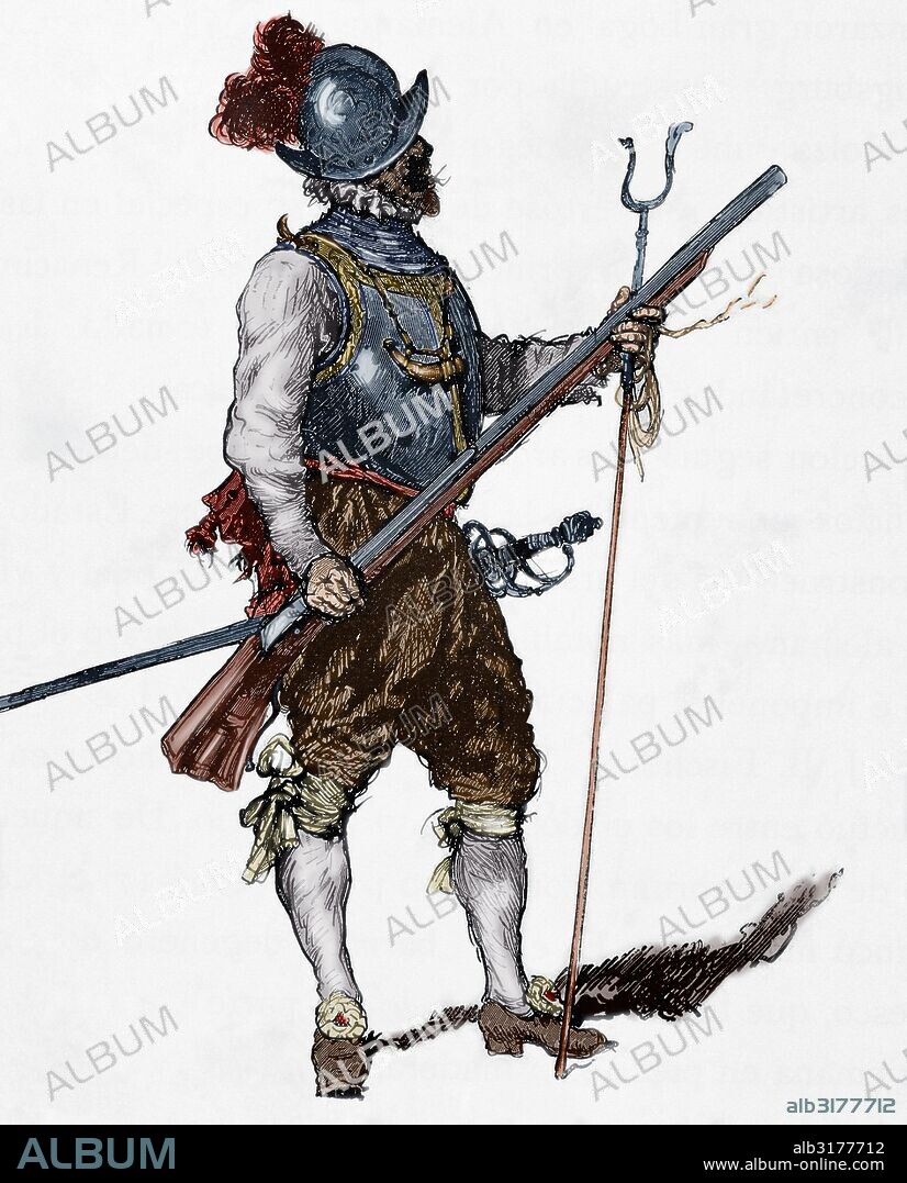 Arquebusier. Soldier armed with an arquebus. Infantry Regiment. 16th century. Engraving, 19th century. Colored.