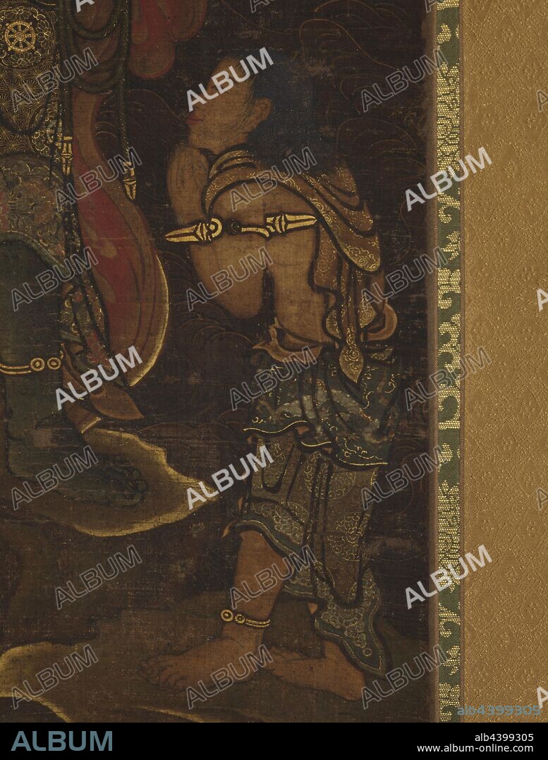 Acala Vidyaraja (Fudo Myoo) and Two Attendants, Unknown, Nambokucho, 1336-1392, ink and color on silk, 39-1/2 x 15-11/16 in. (image) 70-1/4 x 23-3/4 in. (installedl), Japanese, Asian Art.