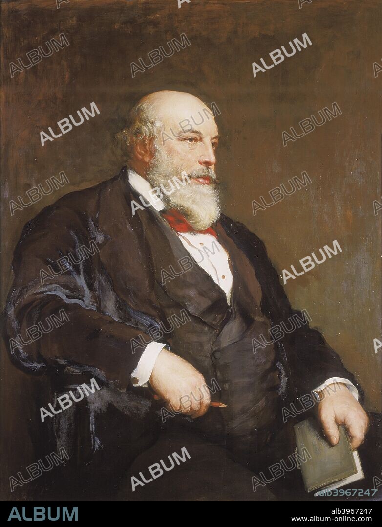 'Sir Horace Jones', 1886. Portrait of the architect Sir Horace Jones grown rather stout in later years. He is bearded and balding, and holds a sketch-book and pencil. Sir Horace designed the new Smithfield Market, Leadenhall Market, Guildhall School of Music, Tower Bridge and other London buildings of note.