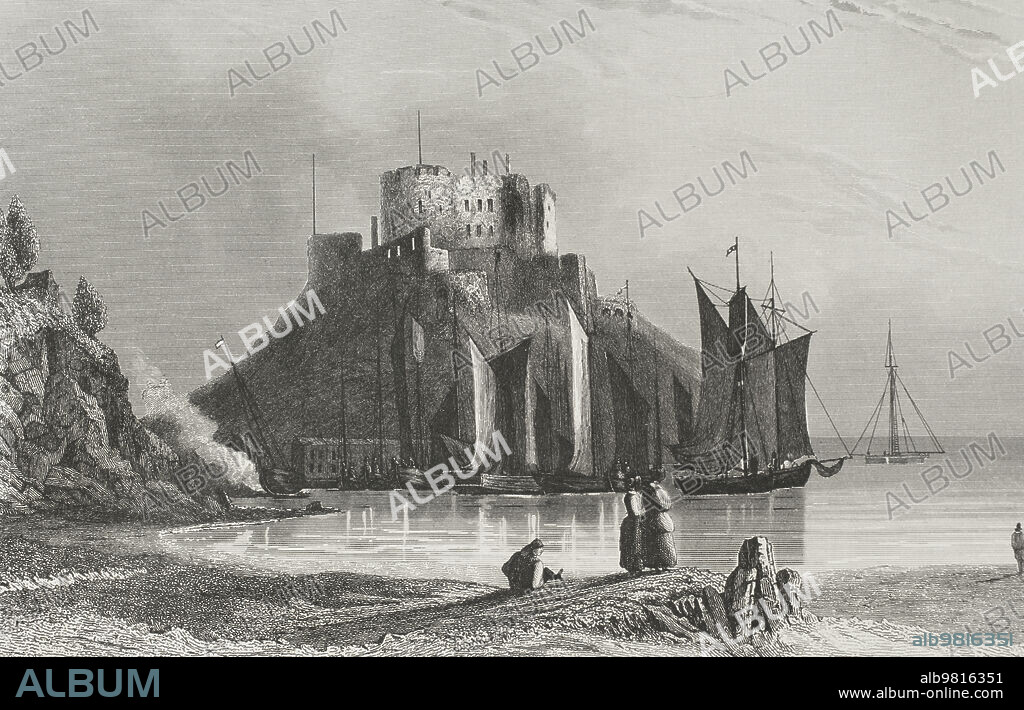 Litoral normando. Isla de Jersey. Castillo y puerto de Mont Orgueil. Grabado. "Los Héroes y las Grandezas de la Tierra". Tomo V. 1855.