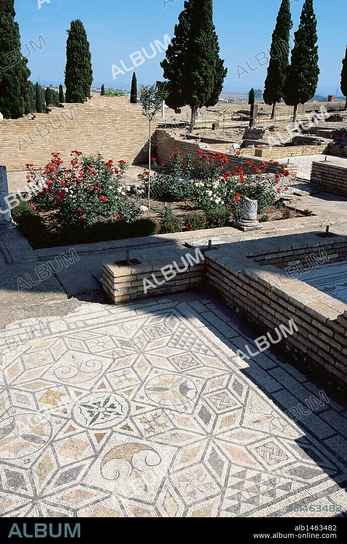ARTE ROMANO. ESPAÑA. Conjunto Arqueológico de Itálica. Ciudad romana que tiene sus orígenes en el año 206 aC. CASA DE NEPTUNO. Detalle de uno de los mosaicos. Alrededores de Santiponce. Provincia de Sevilla. Andalucia.