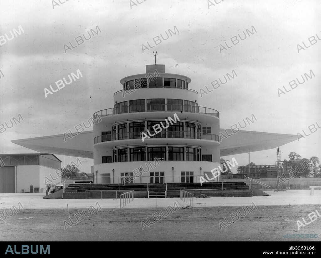 The terminal building and control tower at Elmdon Airport, Birmingham, West Midlands, 1939. Now Birmingham International, the building was designed by Norman and Dawbarn and built in 1938-9. The two canopies or 'wings' were intended to provide protection from the weather for passengers and cargo.