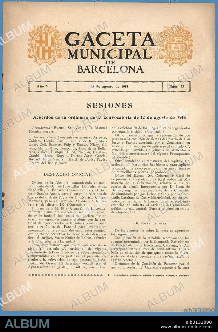 Portada de la Gaceta Municipal de Barcelona, agosto de 1918.