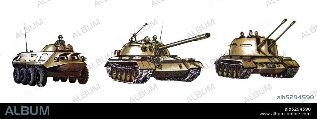Armoured personnel carrier. T-55 tank. Twin anti-aircraft self-managed cannon. Soviet.
