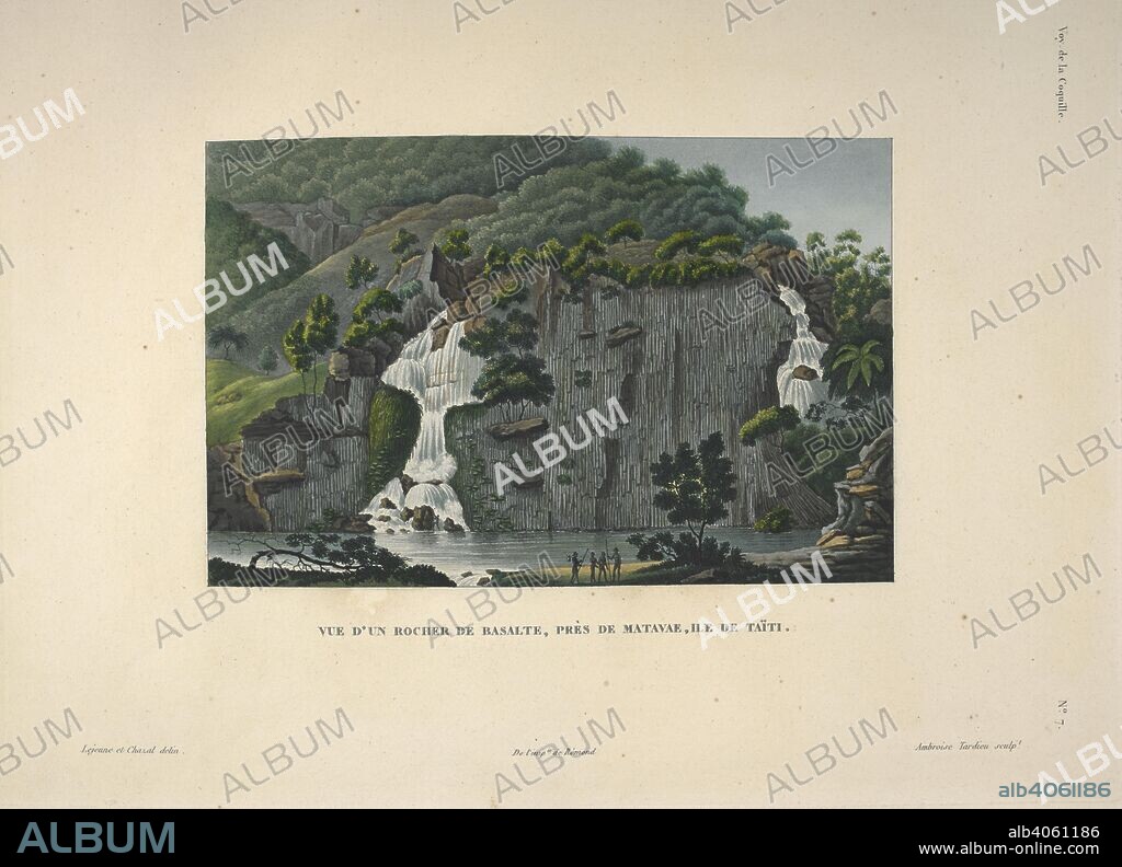 LOUIS ISIDORE DUPERREY et LEJEUNE & CHAZAL. Vue d'un rocher de basalte, prÃ¨s de Matavae, Ã®le de TaÃ¯tiâ€. (Basalt cliffs at Matavae on Tahiti). Voyage autour du monde, exÃ©cutÃ© par ordre du Roi, sur la corvette de Sa MajestÃ© la Coquille, pendant les annÃ©es 1822, 1823, 1824 et 1825, sous le ministÃ¨re de S. E. M. le marquis de Clermont-Tonnerre, et publiÃ© sous les auspices de Son Excellence M. le cte. de Chabrol, ministre de la Marine et des Colonies, par L. I. Duperrey... capitaine de frÃ©gate, commandant de l'expÃ©dition. Histoire naturelle, zoologie. Atlas. Paris : Arthus Bertrand, libraire-Ã©diteur..., 1826. Louis-Isidore Duperrey commanded the vessel, La Coquille, on its circumnavigation of the earth (1822â€“1825). Source: 789.i.6, no.7. Language: French.