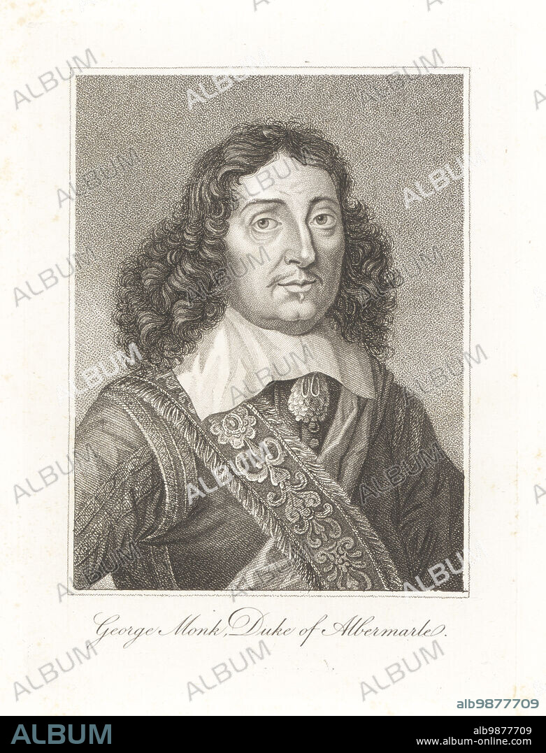 George Monck, 1st Duke of Albemarle, 1608-1670, English soldier, who fought on both Parliamentary and Royalist sides during the English Civil War. George Monk, Duke of Albermarle. Copperplate engraving by Robert Sheppard from Samuel Woodburns Gallery of Rare Portraits Consisting of Original Plates, George Jones, 102 St Martins Lane, London, 1816.