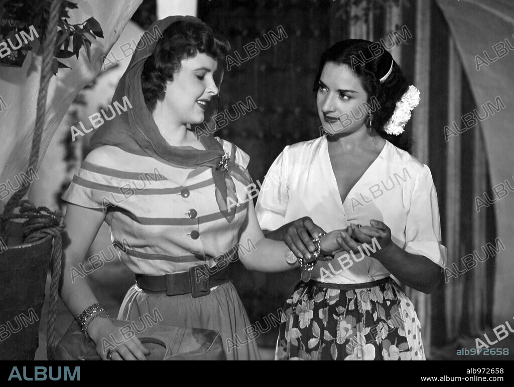 ERIKA MORGAN and LOLA FLORES in THE GIRL AT THE INN, 1951 (LA NIÑA DE LA VENTA), directed by RAMON TORRADO. Copyright SUEVIA FILMS.