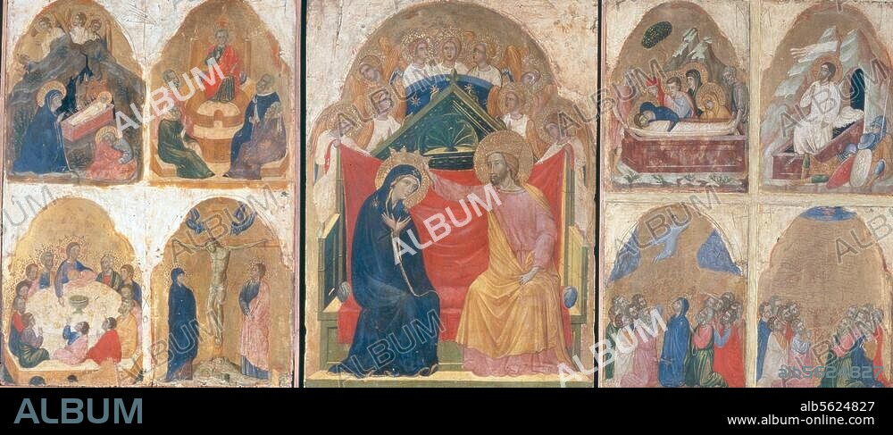 Art vénitien, 2e moitié du XIVe siècle. "Le Couronnement de Marie" / "Huit scènes de la vie de Jésus". Sur bois, fond doré, panneau central H. 0,55 ; panneau gauche H. 0.54 . 0.40 ; panneau droit H. 0.36 ; L. 0.19. Inv. Nr. 222, 561, 562, 563, 564. Venise, Galleria dell'Accademia.