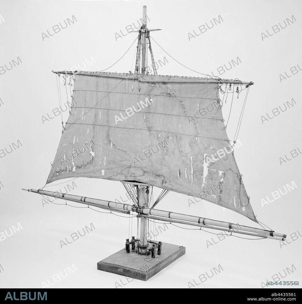 Model of a Topsail, Very detailed model of the upper part of a mast with steng, mars and mars sail on ra's, provided with all the running rigging, on a ground board with nail bench, damaged and incomplete. The march has chain putings, the ra's are equipped with glue muscles. The sail, once finished, has nineteen sail rugs upstairs and twenty-nine downstairs, with crotch bands, four revenues, three pop slings, bowline shoots and horns, reinforced with leather, the shots are made of chain. The revenues consist of reef leaders, with toggles that are attached to the window on a rope. 1:10 scale (derived)., Rijkswerf Amsterdam, 1868, wood (plant material), brass (alloy), rope, textile materials, leather, h 235 cm × w 262 cm × d 74.8 cm.