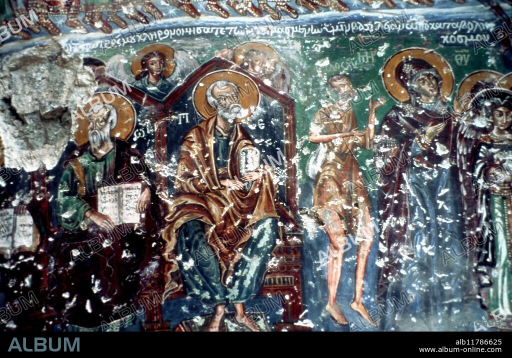 Painting at Sumela Monastery (13th century, C13) in rock wall in eastern Anatolia, Trabzon, Turkey. Pictures show biblical scenes telling the story of Christ and the Virgin Mary.