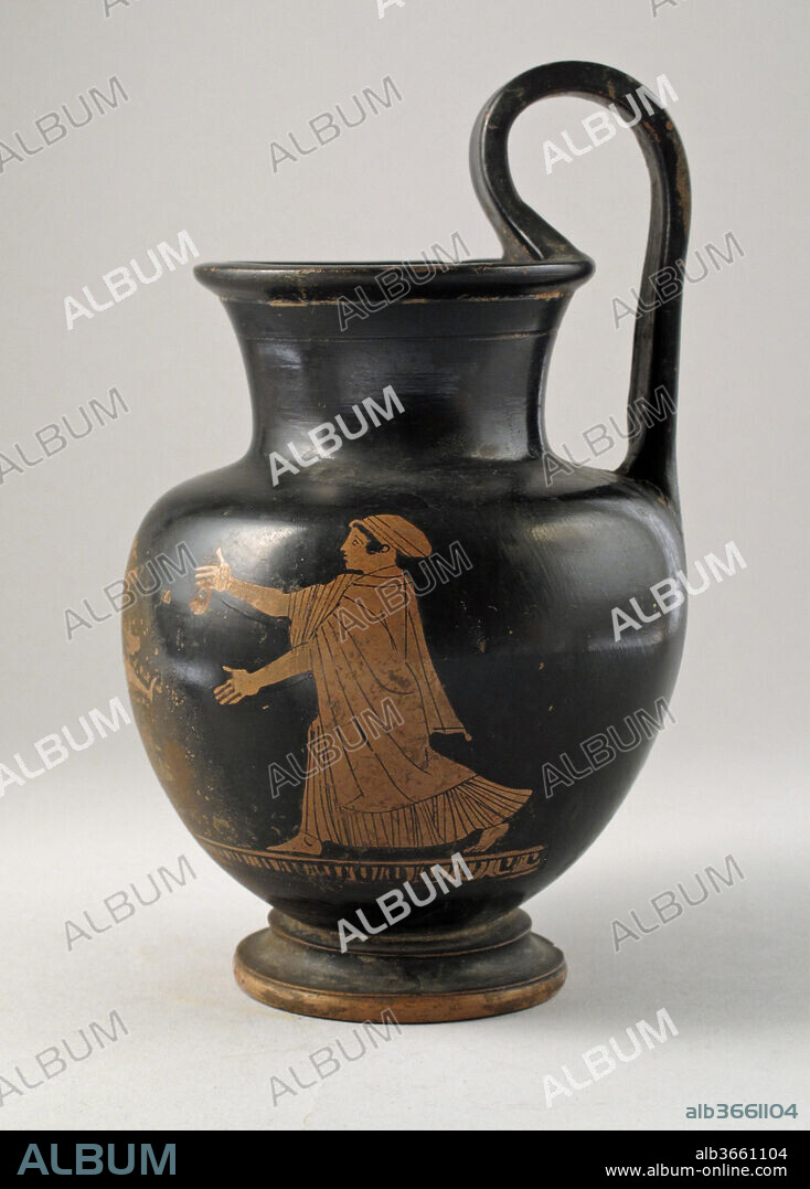 Olpe. Culture: Greek, Attic. Dimensions: 5 3/16 × 3 9/16 in. (13.2 × 9 cm)
Diam. of rim: 2 1/2 in. (6.4 cm)
Diam. of foot: 2 1/8 in. (5.4 cm). Date: ca. 430 B.C..