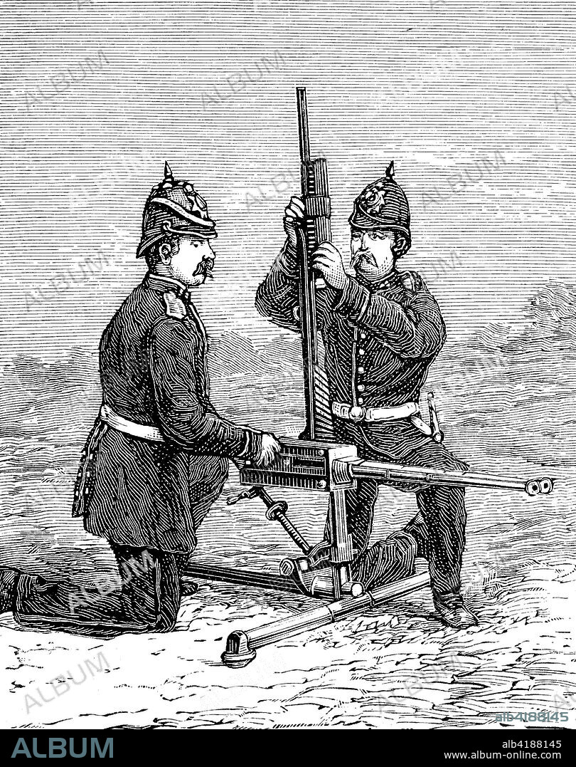 Gardner gun was an early type of mechanical machine gun, used by the english forces in Sudan, Die tragbare Gardner Kugelspritze, angewendet von englischen Truppen bei den Gefechten im Sudan, digital improved reproduction from a publication of the year 1880.