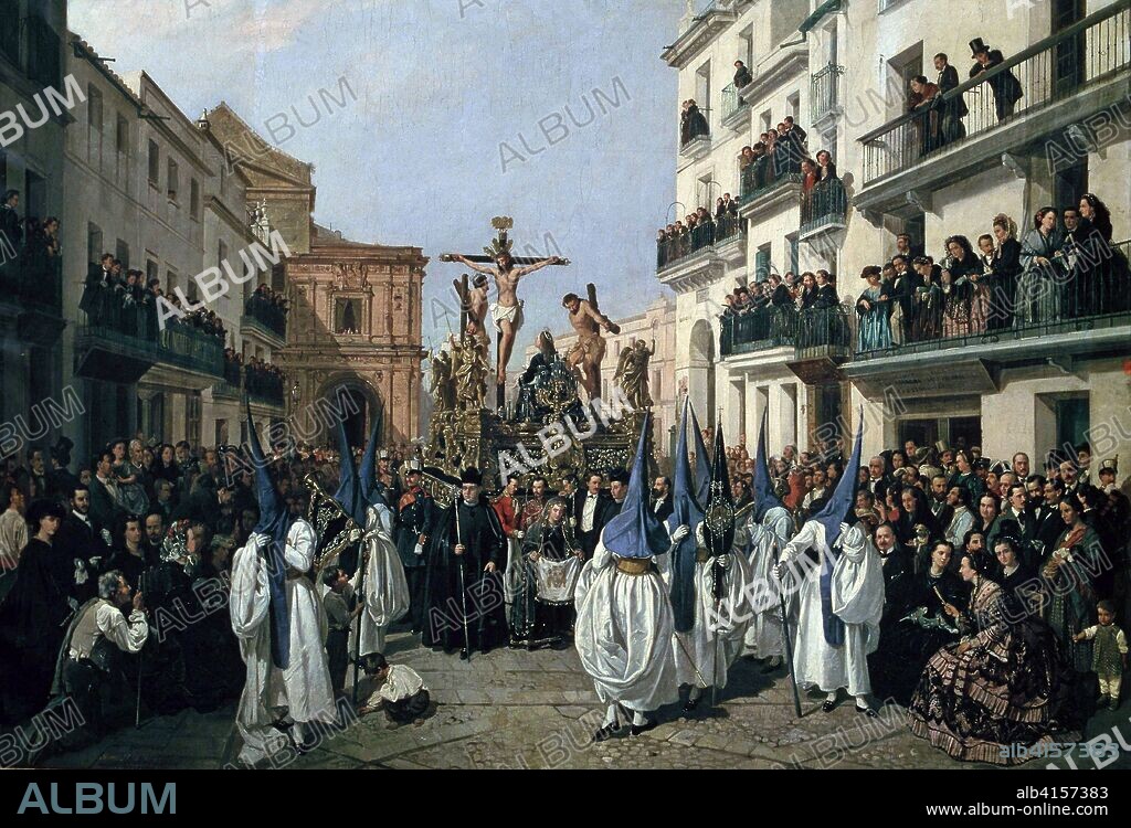 MANUEL CABRAL AGUADO-BEJARANO (1827-1891). MANUEL CABRAL AGUADO-BEJARANO PINTOR ESPAÑOL . SEVILLA 1827 - 1891 " PROCESION DEL VIERNES SANTO EN SEVILLA " LA COFRADIA DE MONTSERRAT EN LA CALLE REALES ALCAZARES . SEVILLA SEVILLA PINTADO.