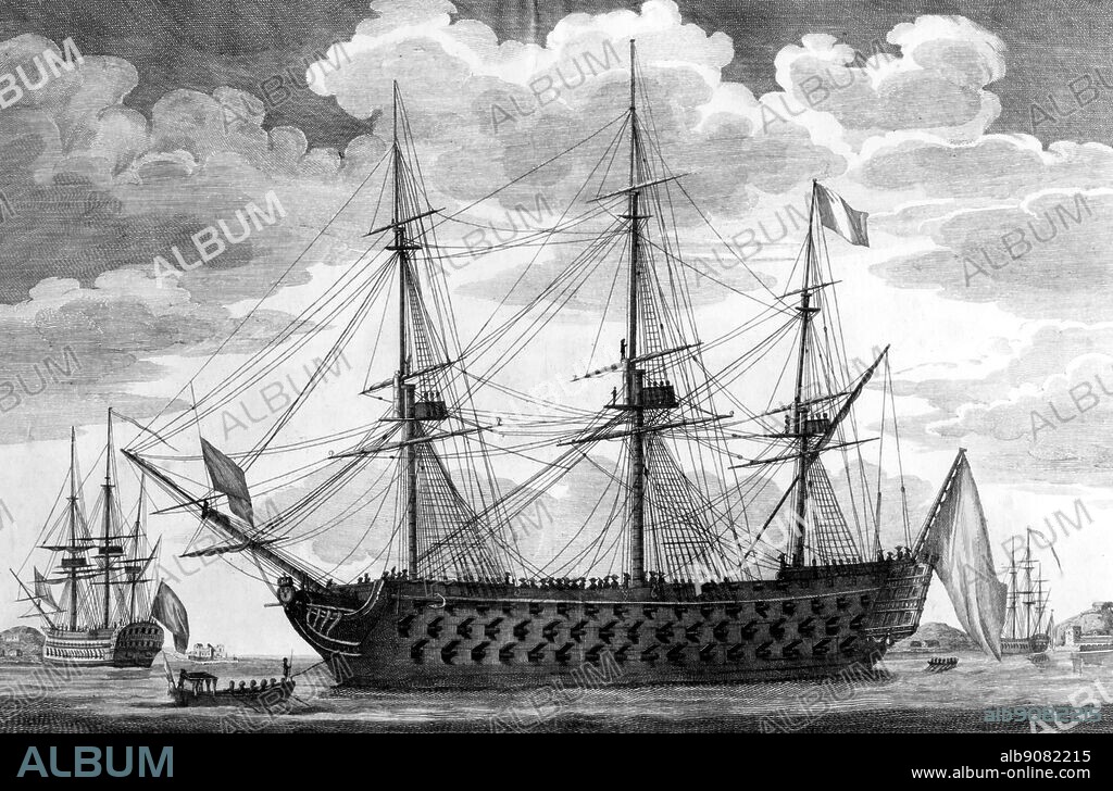 Le Commerce de Marseille - Veifseau Francaise 118 Cans. - launched in 1793 - colour line drawing by Emeric - The Océan-type ships of the line were a series of 16 first-rate 118-gun ships of the line of the French navy, designed by engineer Jacques-Noël Sané. Fifteen were completed from 1788, with the last one entering service in 1854. The first of the series was the Commerce de Marseille. The 5,100 ton 118-gun type was the largest type of ship built up to then. Up to 1790 Great Britain, the largest of the battle fleet nations, had not built especially large battleships because the need for large numbers of ships had influenced its battleship policy. The French initiated a new phase in battleship competition when they laid down a large number of three-deckers of around 5,000 tons. These were the most powerful ships of the Napoleonic Wars and a total of ten served during that time. These ships, however, were quite expensive in terms of building materials, artillery and manpower and so were reserved for admirals as their fleet flagships. ©TopFoto.