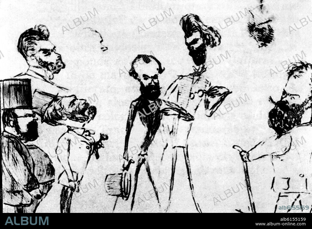 BENITO PEREZ GALDOS (1843-1920). DIBUJO PERSONAJES EPOCA JUVENIL DE GALDOS.