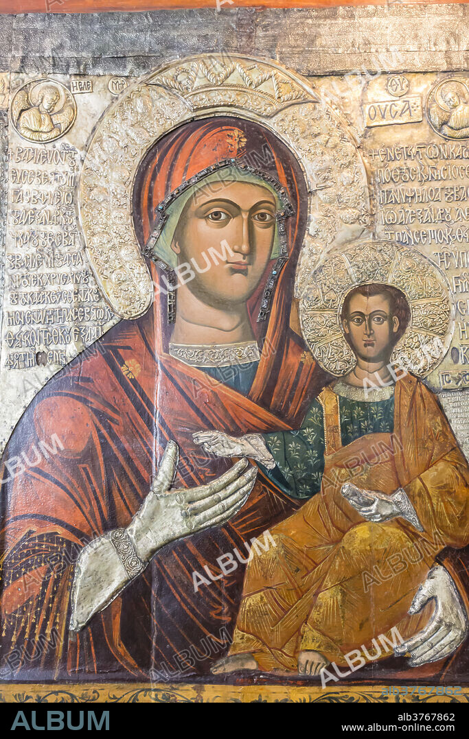 Icon of the Holy Virgin Eleusa dated 1342, Archaeological Museum, Nesebar (Nessebar), UNESCO World Heritage Site, Bulgaria, Europe.