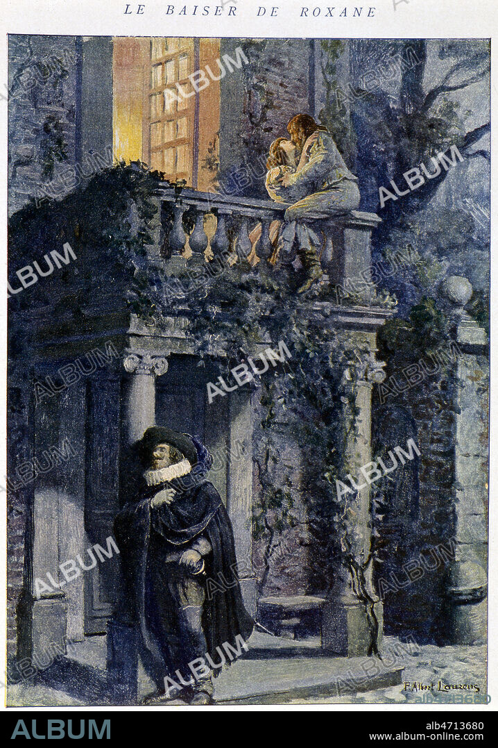 Le baiser de Roxane et Christian sur le balco au dessus de Cyrano. Illustration de 1910 par Paul Albert LAURENS (1870-1934) pour Cyrano de Bergerac d'Edmond ROSTAND (1868-1918). Credit : Coll. Jonas/KHARBINE-TAPABOR.
