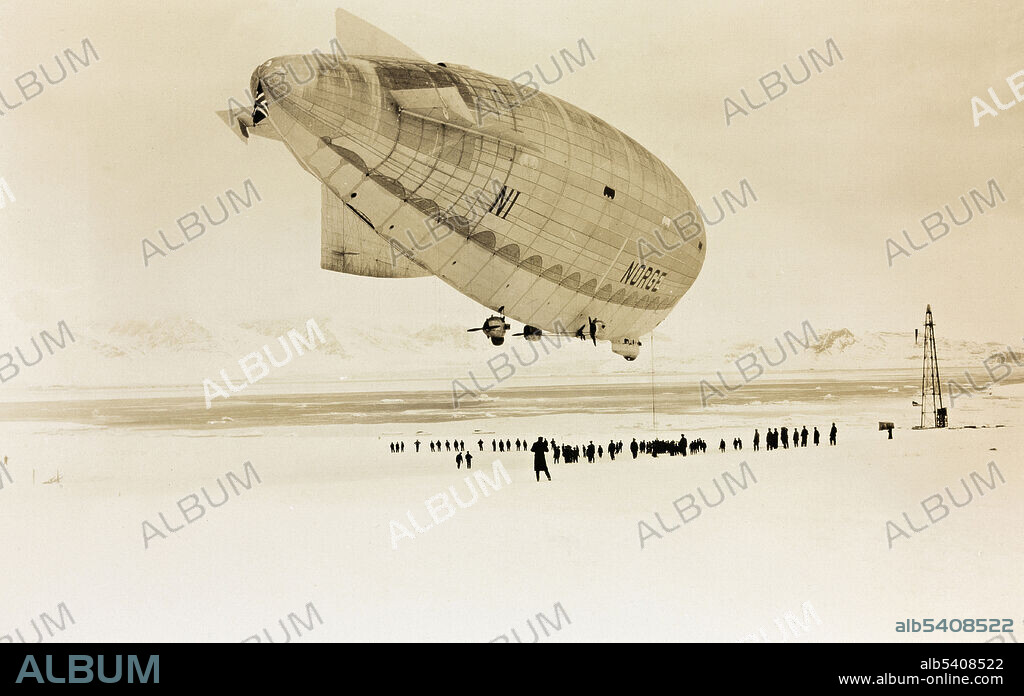 The airship Norge at its mooring mast, Svalbard, 1926. The Norge's flight was the first verified trip to the North Pole, reaching it on 12 May 1926. Expedition leader Roald Amundsen was joined by pilot Umberto Nobile and explorer Lincoln Ellsworth.