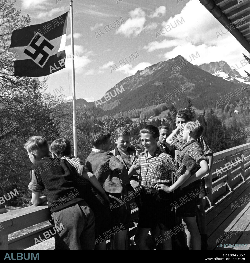 Boys at the balcony of the Adolf Hiter youth hostel at Berchtesgaden, Germany 1930s.