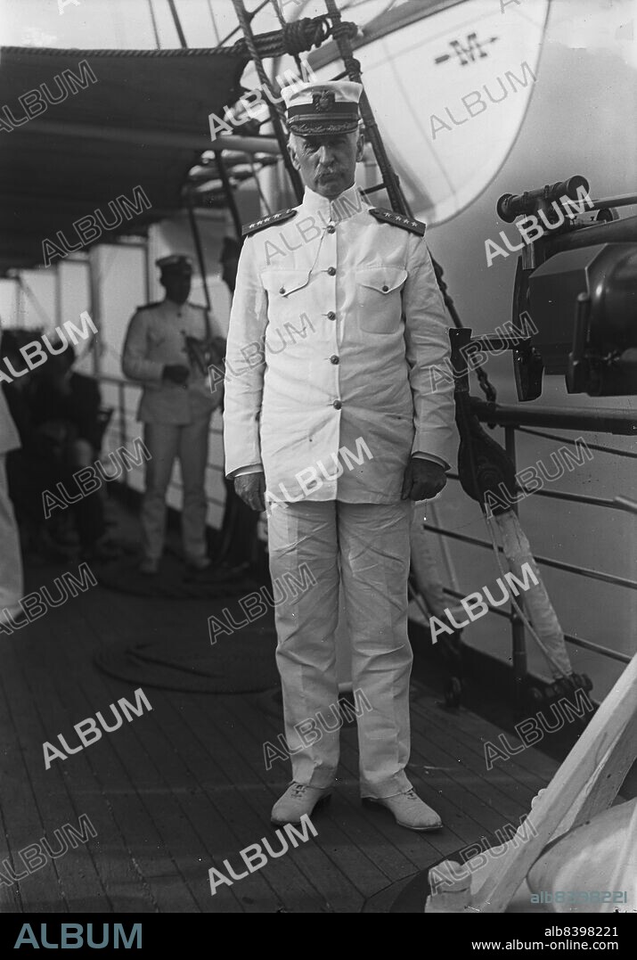 HARRIS & EWING. Admiral William S. Benson Aboard The Mayflower, June 24, 1917. The US president's yacht Mayflower transported a group of Belgian and Russian War Mission members to visit Washington's tomb at Mount Vernon.