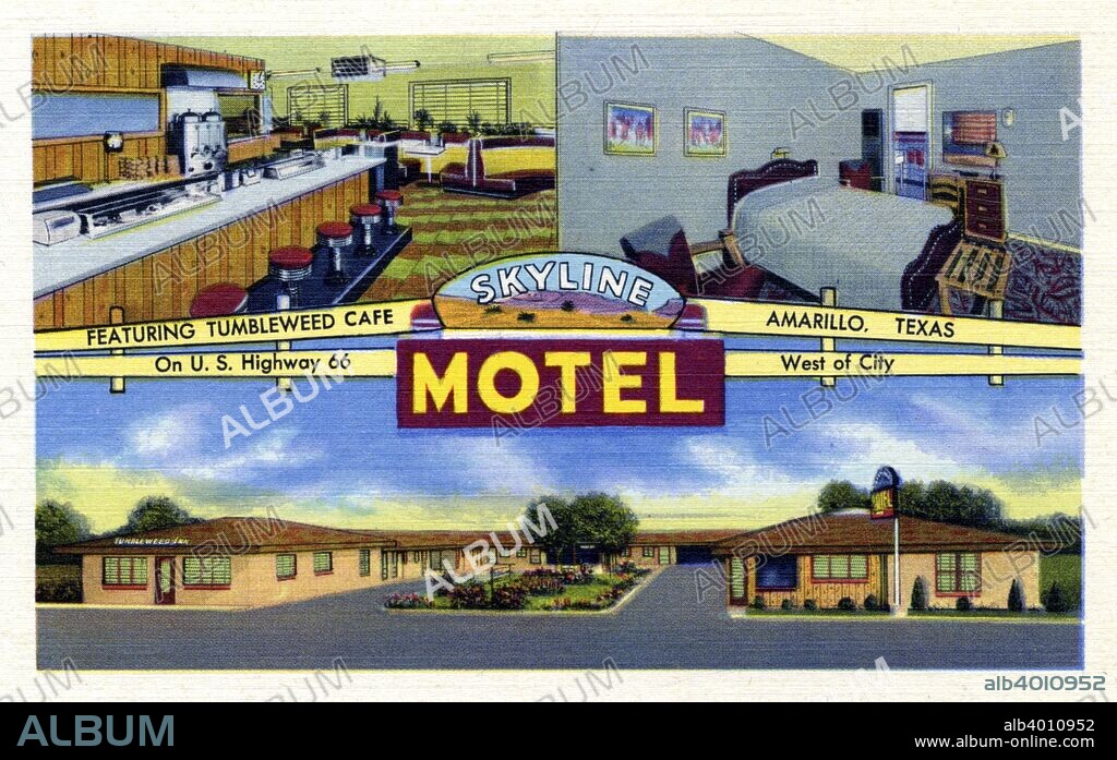 Skyline Motel, Amarillo, Texas, USA, 1951. Vintage postcard showing interior and exterior views of the motel and the Tumbleweed Cafe. The U-shaped motel has a landscaped courtyard. The cafe has booths and counter service.