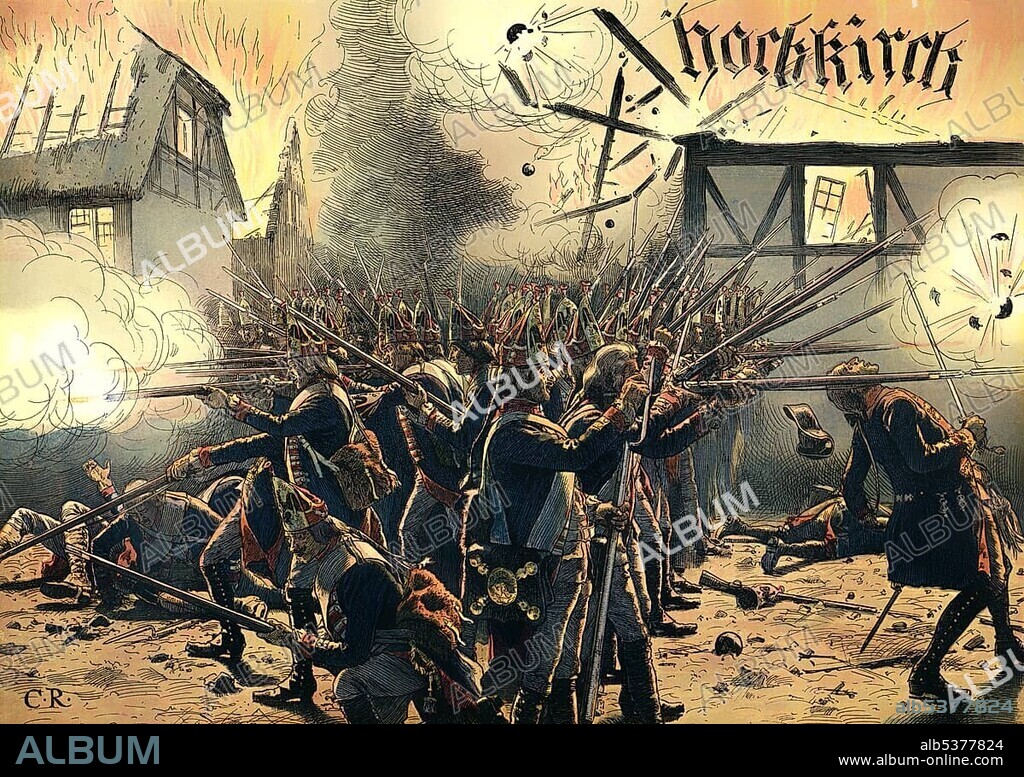 Battle of the Hochkirch on 14 October 1758 in the Seven Years' War, attack of the Imperial Austrian army on the Prussian army camp near Bautzen, Frederick II or Frederick the Great, 1712 - 1786, King of Prussia and Elector of Brandenburg from the royal house of Hohenzollern, historical painting from the 19th century.