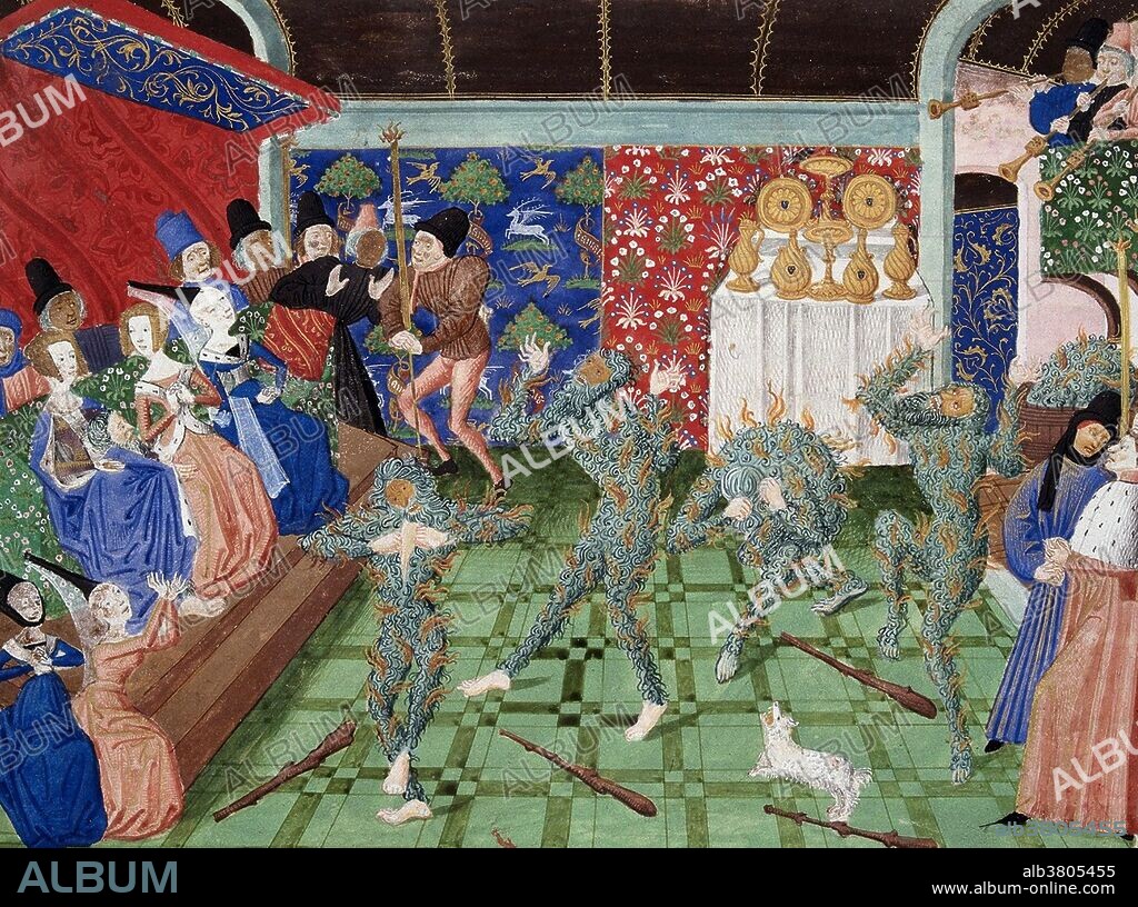 The Bal des Ardents was a masquerade held on January 28, 1393 at which Charles VI performed in a dance with five members of the French nobility. The costumes, which were sewn onto the men, were made of linen soaked with resin to which flax was attached. Four of the dancers were killed in a fire caused by a torch. Charles and another of the dancers survived. Charles VI (December 3,1368 - October 21, 1422) was King of France from 1380 to his death. He was 11 when he inherited the throne in the midst of the Hundred Years' War. The government was entrusted to his four uncles who squandered the financial resources of the kingdom for their personal profit. The royal age of majority was fixed at 14, the dukes maintained their grip on Charles until he took power at the age of 21. In 1388 he dismissed his uncles and political and economic conditions in the kingdom improved significantly, earning him the epithet "the Beloved". In 1392 en route to Brittany with his army Charles suddenly went mad and slew four knights and almost killed his brother. From then on, his bouts of insanity became more frequent and of longer duration. Unable to concentrate or make decisions, political power was taken away from him. He died in 1422 at the age of 53. (Miniature) King Charles VI of France and his knights masquerade as savages; with part of decorated border. Image taken from Froissart's Chronicles (Volume IV, part 2). Originally published 1470-75.