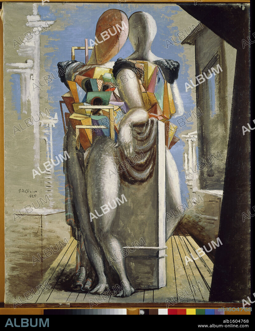 GIORGIO DE CHIRICO. Fantasy - Sophocles and Euripides by Giorgio de' Chirico, oil on canvas, oil painting, fine art painting,.