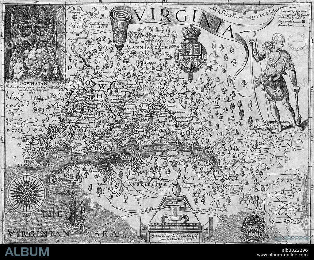 Smith's map of Virginia from The Generall Historie of Virginia, New-England, and the Summer Isles, 1624. Captain John Smith (January 1580 - June 21, 1631) Admiral of New England was an English soldier, explorer, and author. He was considered to have played a important part in the establishment of the first permanent English settlement in North America. He was a leader of the Virginia Colony (based at Jamestown) between September 1608 and August 1609, and led an exploration along the rivers of Virginia and the Chesapeake Bay. Smith's books and maps are extremely important in the further colonization of the New World. He gave the name New England to that region and encouraged people to migrate. In 1614, Smith returned to the Americas in a voyage to the coasts of Maine and Massachusetts Bay. He made two attempts in 1614 and 1615 to return to the same coast. First a storm dismasted his ship. In the second attempt, he was captured by French pirates off the coast of the Azores. Smith escaped after weeks of captivity and made his way back to England. He died in the year 1631 in London at the age of 5.