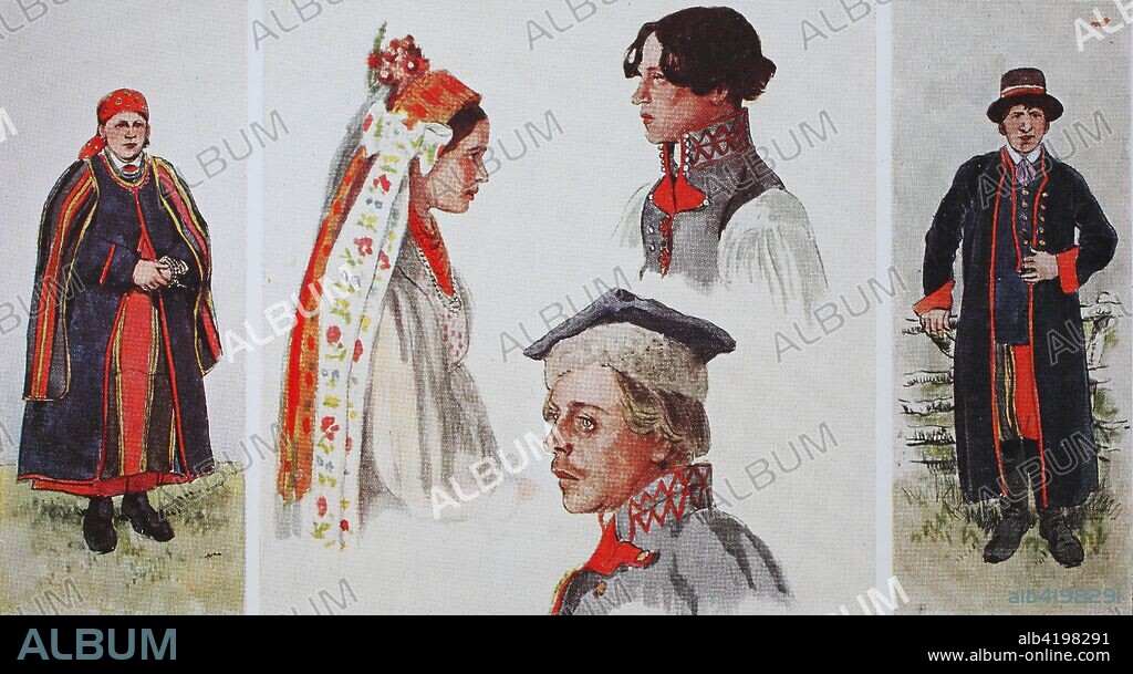 Fashion, clothes, folk costumes in Poland, around the 19th century, on the left a peasant woman in a coat, on the right a farmer in traditional costume, both from Lowicz in the governorate of Warsaw, in the middle a peasant girl in festive costume, a stately servant and a stately coachman, digital improved reproduction from an original from the year 1900.