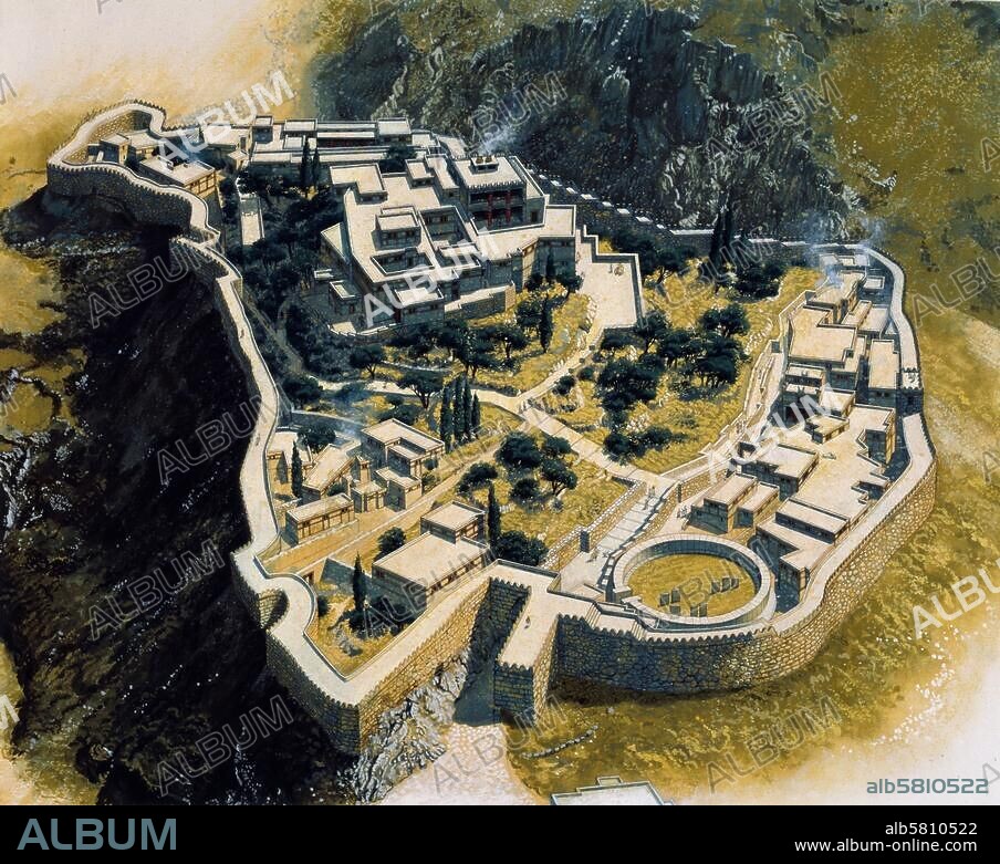 Mycènes (Argolide, Grèce), Acropole du 2e siècle av. J.-C. . centre de la culture mycénienne). - Vue d'ensemble. (Reconstitution). Aquarelle, de Peter Connolly. (né en 1935).