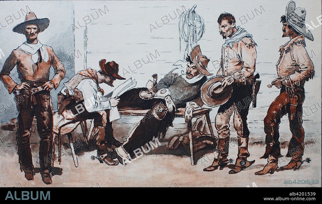 Fashion, clothing in North America, end of the 18th - end of the 19th century, cowboy in various clothes, with cotton shirt, over-leg gowns, jerkin, hat, boots, digital improved reproduction from an original from the year 1900.