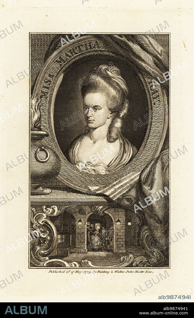 Miss Martha Ray (1742-1779), English singer and actress, mistress to John Montagu, 4th Earl of Sandwich. She was shot in the head with a pistol by infatuated admirer/scorned lover and stalker Rev. James Hackman as she climbed into a coach in Covent Garden. Portrait of the actress within a decorative oval border above a vignette of her murder. Copperplate engraving published by Fielding and Walker, Pater Noster Row, London, 1779.