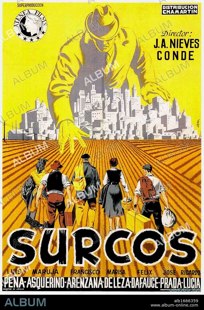 Poster de SURCOS, 1951, dirigida por JOSE ANTONIO NIEVES CONDE. Copyright ATENEA FILMS / JANO.