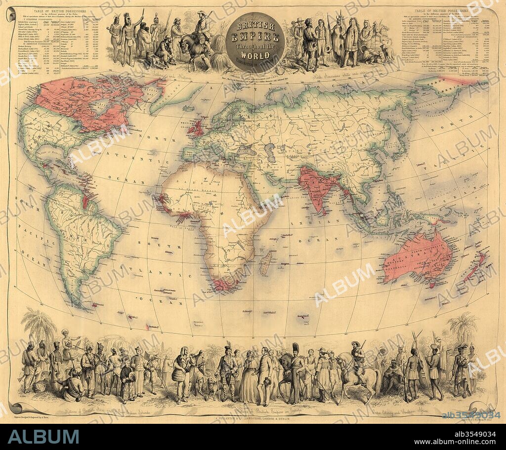 Map of the world circa 1870 with possessions of the British Empire coloured red. The map first appeared in Fullarton's Royal Illustrated Atlas, published 1864.