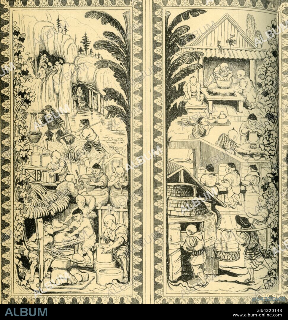 Chinese potters at work, design for stained glass window, c1870, (1881). 'Two Panels of Windows in the Gallery of the Museum Containing Pottery' in the South Kensington Museum, by William Bell Scott. One of fourteen stained-glass windows in the Ceramic Gallery, depicting Scott's idea of ceramic manufacture in China: carrying the clay in yokes, mixing glazes, kneading, throwing on a wheel, loading pottery into a kiln. From "The South Kensington Museum", a book of engraved illustrations, with descriptions, of the works of art in the collection of the Victoria & Albert Museum in London (formerly known as the South Kensington Museum). [Sampson Low, Marston, Searle and Rivington, London, 1881].