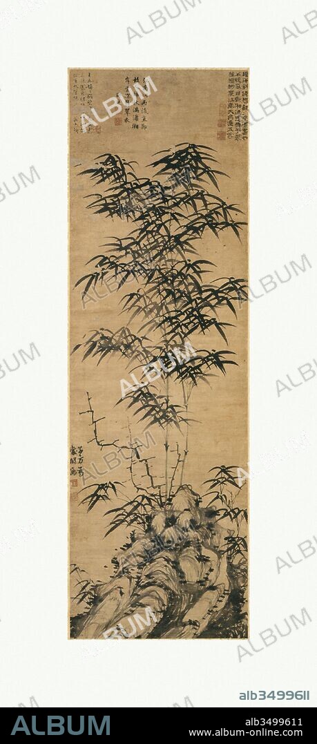 ? ?? ??? ?, Bamboo and rock, Yuan dynasty (1271–1368), ca. 1360–67, China, Hanging scroll; ink on paper, Image: 53 3/16 x 16 5/8 in. (135.1 x 42.2 cm), Paintings, Deng Yu (Chinese, ca. 1300–after 1378), Deng Yu, a leading late Yuan literary Daoist, joined the Orthodox Unity sect of Daoism at the age of twelve. By 1360 he had become the abbot of a Daoist temple in Wenzhou, near the Zhejiang coast, and in 1371 he accompanied the 42nd Celestial Master to the Ming capital, where he repeatedly performed miracles of rainmaking.