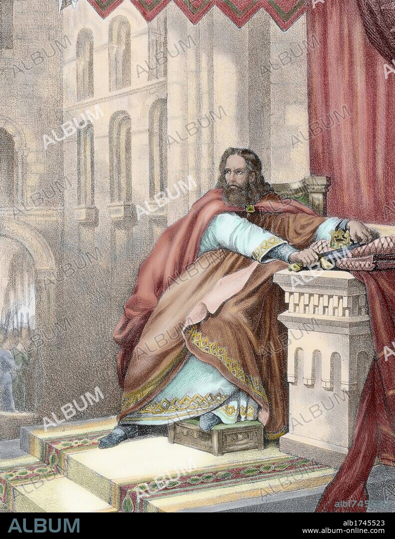 WITIZA o VITIZA (m.710). Rey visigodo de Hispania (702-710). Asociado al trono (700) por su padre, Egica, su reinado personal comenzó en el 702. Convocó el XVIII Concilio de Toledo. Grabado coloreado.