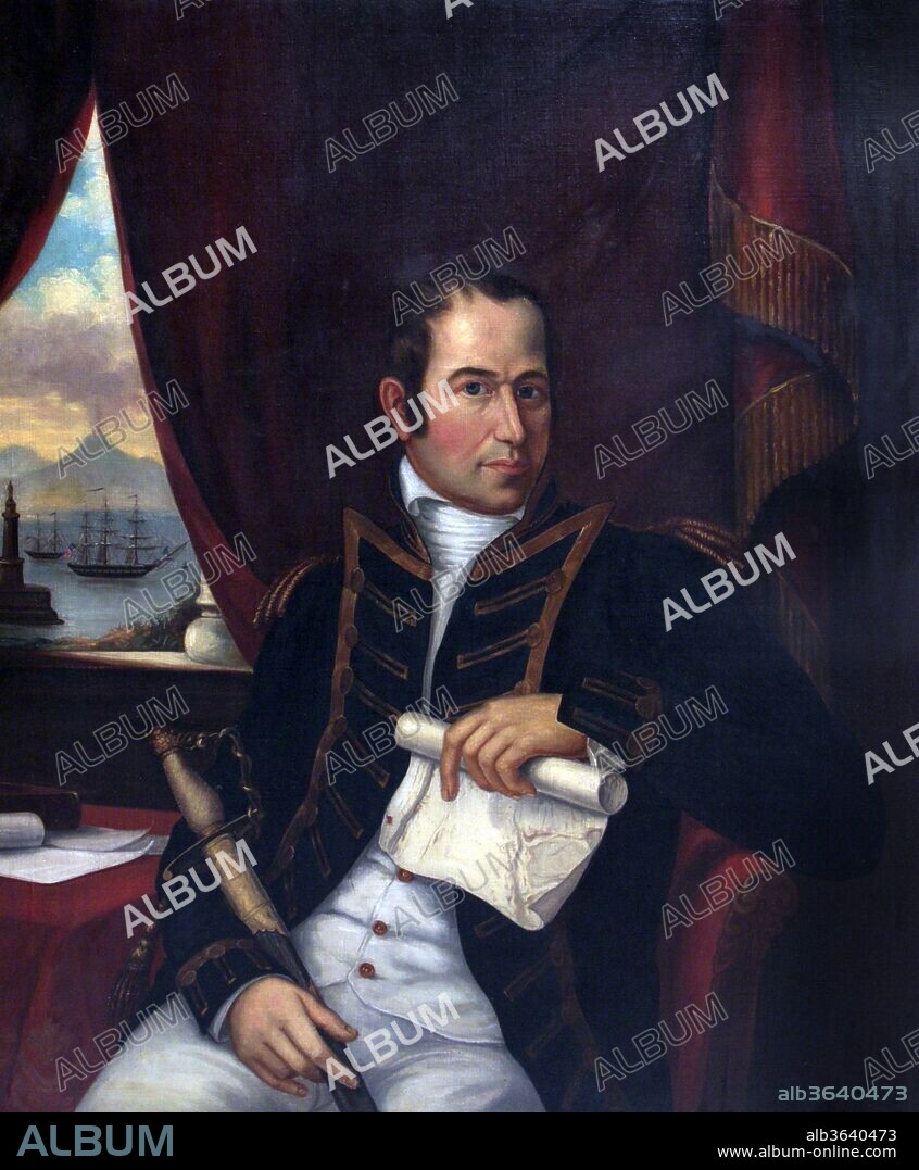 Portrait of Commodore Edward Preble (1761-1807), early 19th Century, depicting Preble sitting before a window with a view of Mt. Vesuvius and the USS Constitution in the distance. Edward Preble was a United States naval officer who served with great distinction during the 1st Barbary War, leading American attacks on the city of Tripoli and forming the officer corps that would later lead the U.S. Navy in the War of 1812., Anonymous,.