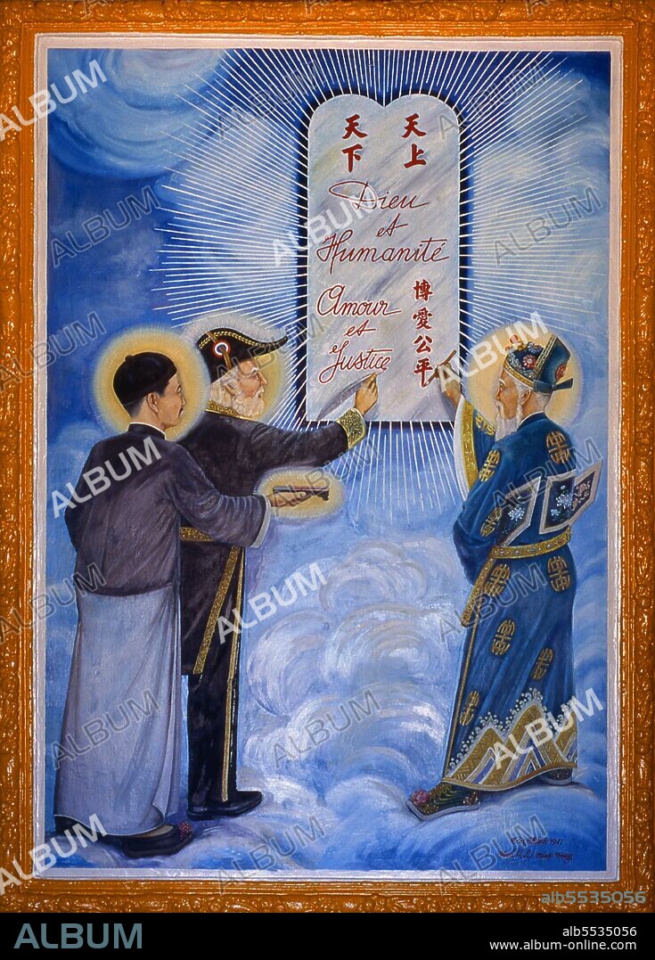 The 'Third Alliance Between God and Man' shows Sun Yat-sen (left), founding father of the republic of China, Victor Hugo (centre), French poet and novelist,  and Vietnamese poet Nguyen Binh Khiem (right). The Holy See of the Cao Dai is in the Vietnamese province of Tay Ninh, close to the Cambodian frontier, and this syncretic religion – which counts Victor Hugo, Laozi and Jesus among its saints – has also made some Khmer converts. Vietnam has two indigenous religious sects, both of which were established in the 20th century, and both of which are based firmly in the south of the country. Cao Dai or ‘Supreme Altar’ is a syncretic faith combining aspects of the tam giao with Catholicism and is the larger of the two, with an estimated 2 million followers. Cao Dai is an eclectic amalgam of Confucianism, Taoism, Buddhism and Catholicism. The second sect, called Hoa Hao or ‘Peace and Happiness’, is centred on Chau Doc in the Mekong Delta. Its followers practise an ascetic and austere form of Buddhism. The Cao Dai religion was founded in 1919 by a Vietnamese civil servant, Ngo Van Chieu and by the mid-1920s Tay Ninh had developed as the ‘Holy See’ of the new religion, with a hierarchy organised under a Cao Dai pope. Initially persecuted by the communists, Cao Dai is now tolerated, and has an estimated two million followers, mainly in the south.
