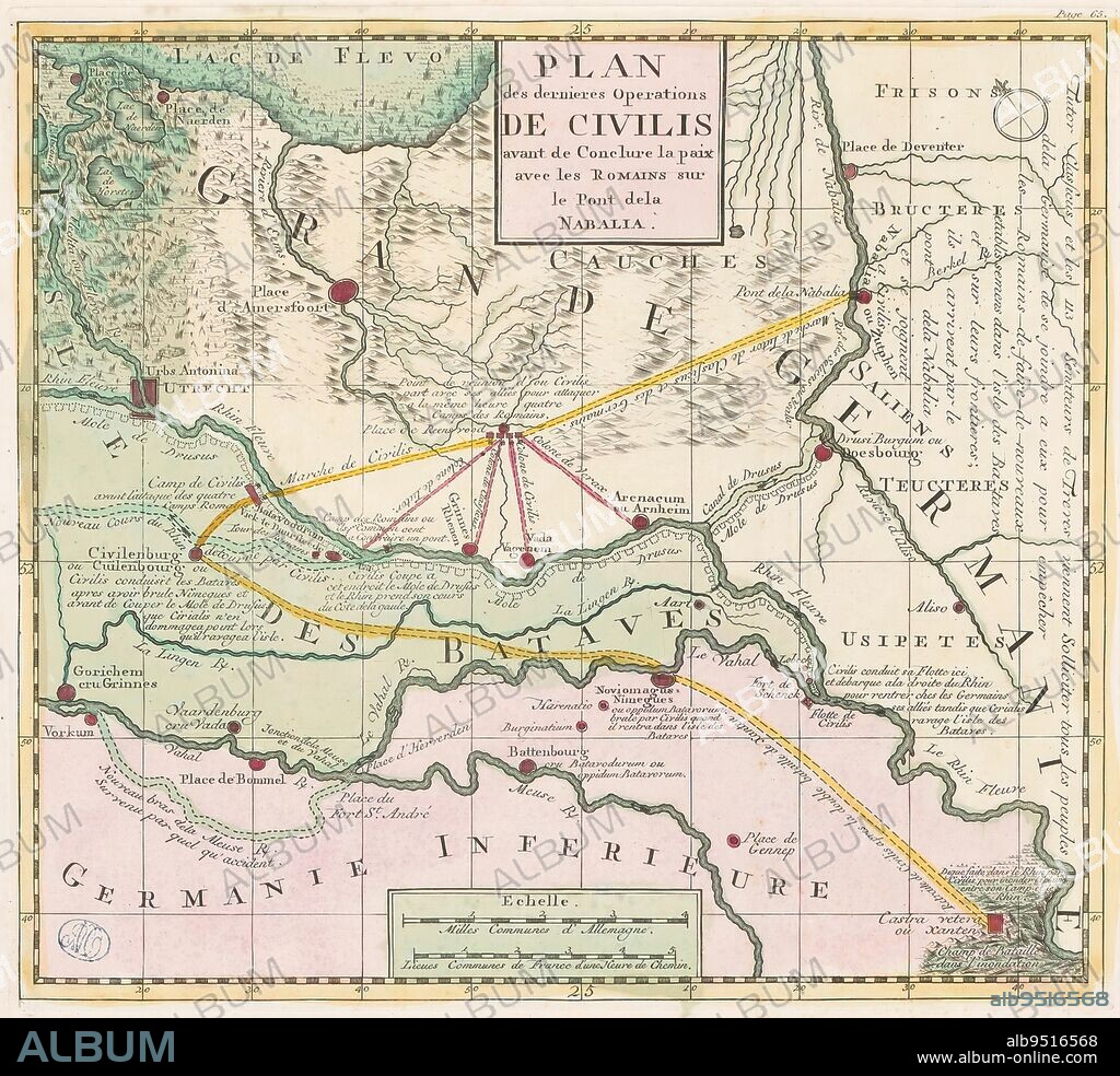 Map of the last war maneuvers of Civilis, 69-70, Plan des dernieres operations de civilis avant de conclure la paix avec les Romains sur le pont dela Nabalia (title on object), Map of the last war maneuvers of Civilis before making peace with the Romans. The map has text with historical explanations in several places. At the bottom two scale bars: Milles communes d'Allemagne, Lieues communes de France d'une heure de chemin. The map has a coordinate net and a degree scale along the edges., print maker: anonymous, Maximilien Henri marquis de Saint-Simon, 1770, paper, engraving, etching, height 321 mm × width 354 mm.