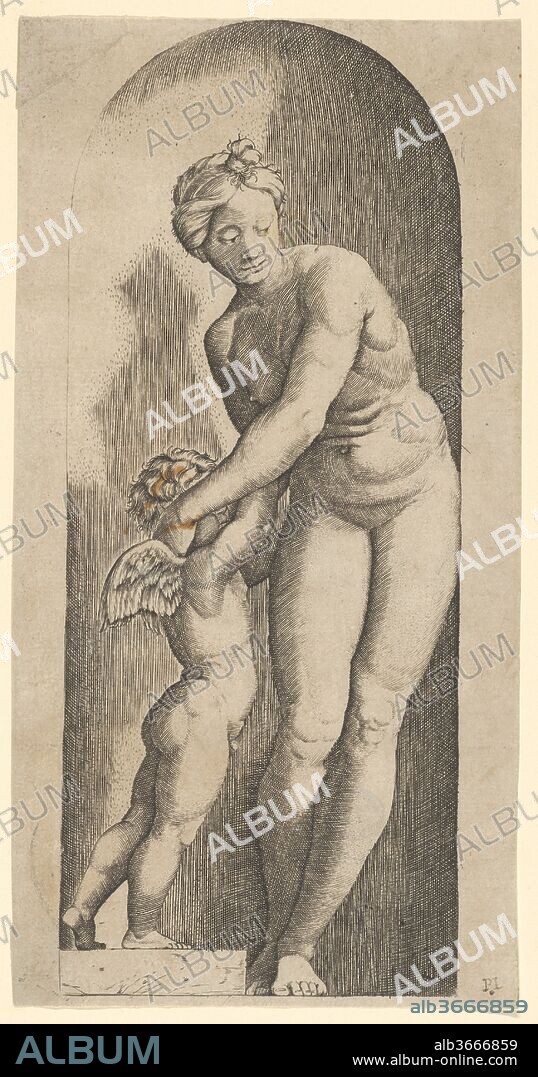 Venus and Cupid standing in a niche. Artist: Marcantonio Raimondi (Italian, Argini (?) ca. 1480-before 1534 Bologna (?)). Dimensions: Sheet: 8 1/16 × 4 1/8 in. (20.4 × 10.5 cm). Date: ca. 1500-1527.