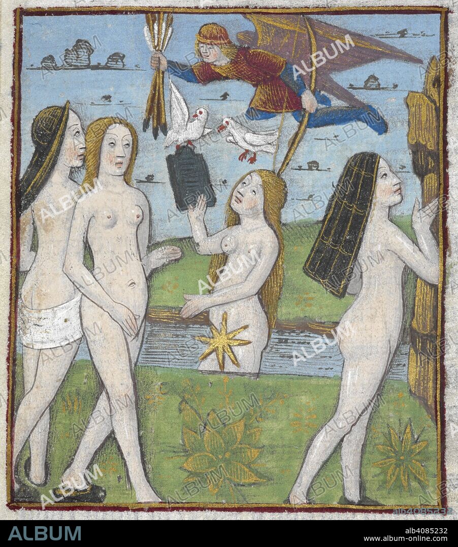 Naked women in a landscape. A winged messenger above them, holding a bow and arrows. Two doves. Allegorical coloured woodcut. Cy commence Ouide de SalmoneÌ„n son liure jntitule Metamorphose. ContenaÌ„t XV. liures particuliers moralisie par maistre Thomas waleys docteur en theologie ... Paris : Anthoine Verard, [1493]. Source: I.A.41148 page aviiii.