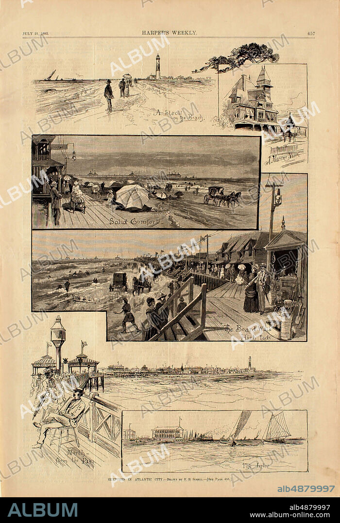 Frederic B. Schell, American, active 19th century in Canada, Australia, and the United States, Sketches in Atlantic City, 1883, Wood engraving on paper, image: 8 7/8 x 14 in. (22.5 x 35.5 cm).