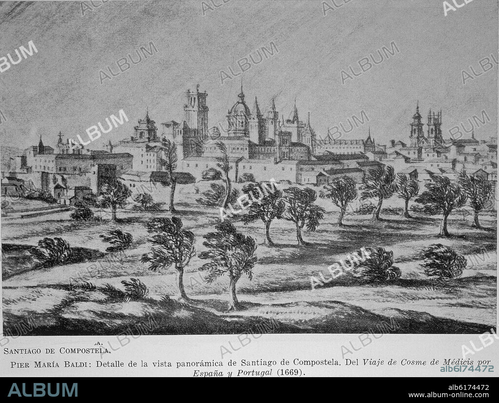 BALDI PIER MARIA. DIBUJO-DET VISTA DE SANTIAGO DE COMPOSTELA"DEL VIAJE DE COSME DE MEDICIS POR ESPAÑA Y PORTUGAL"(1669.