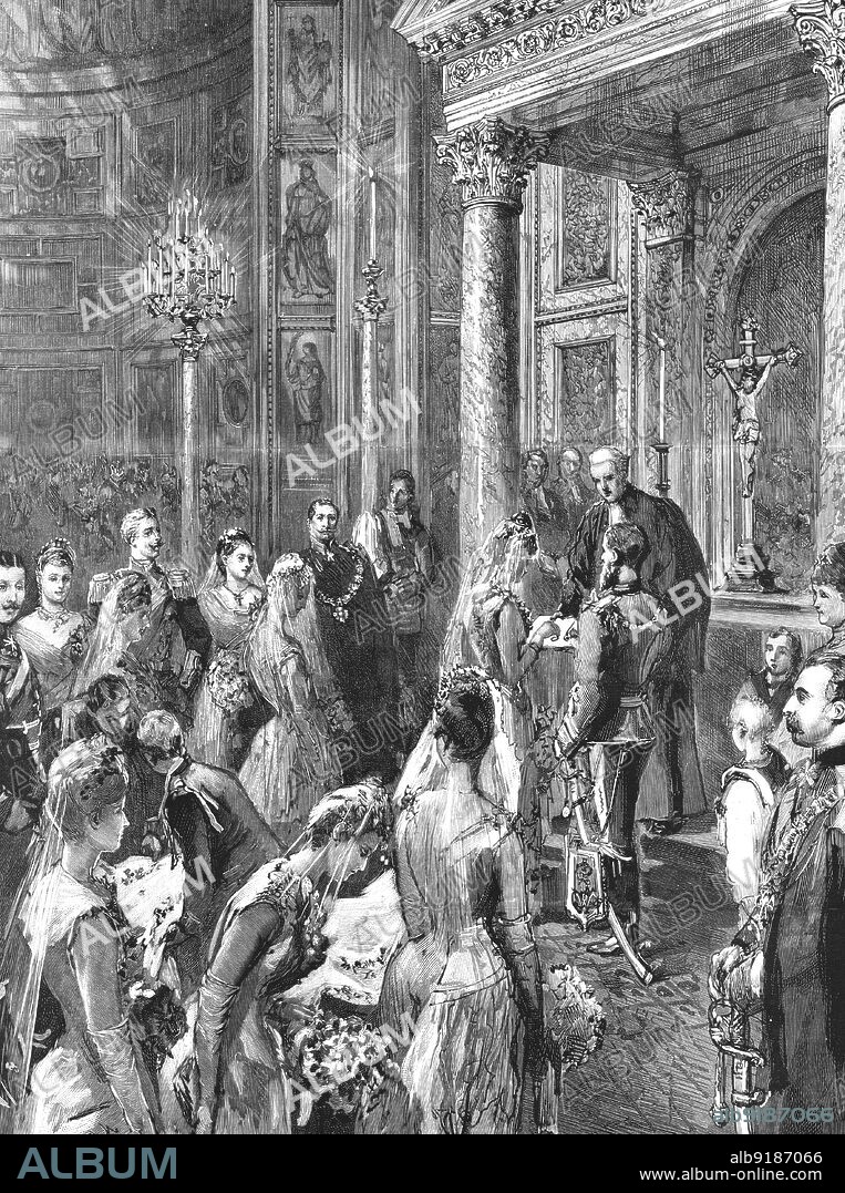 ''The Marriage of Princess Victoria, Daughter of the Empress Frederick, to Prince Adolphus of Schaumburg-Lippe, at Berlin; The Ceremony', 1890. From "The Graphic. An Illustrated Weekly Newspaper", Volume 42. July to December, 1890.