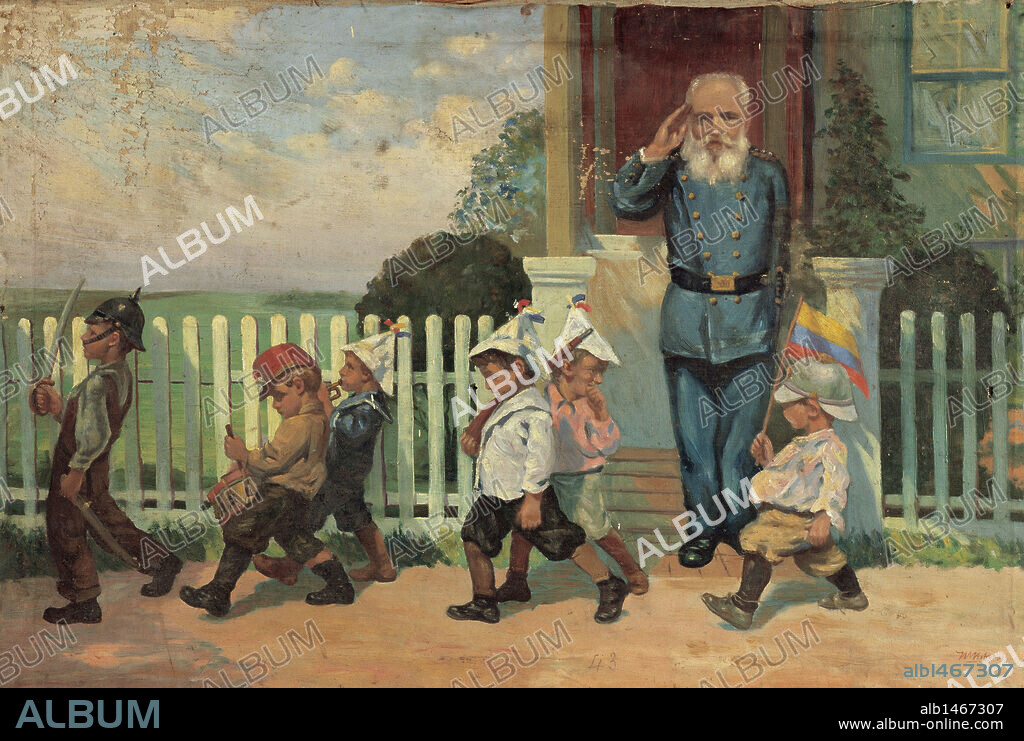 Eloy Alfaro Delgado (1842-1912). Ecuatorian political and military. President of the Republic. Alfaro's inspect at children marching like soldiers. Museum Eloy Alfaro Military School. Quito. Ecuador.