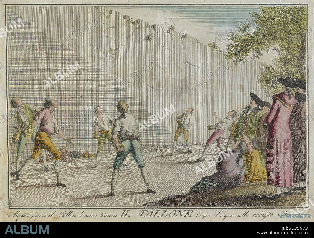 Artist: Carlo Lasinio, Italian, 17591838, After: Giuseppe Piattoli, Italian, 17431823, Publisher: Niccolò Pagni, Italian, active 17911825?Publisher: Giuseppe Bardi, Italian, active ca. 1791?, Il Pallone, Etching with hand coloring, Platemark (slightly trimmed): 26.1 × 37.1 cm (10 1/4 × 14 5/8 in.); Sheet: 27 × 41.6 cm (10 5/8 × 16 3/8 in.), Made in Italy, Italian, 18th century, Works on Paper - Prints.