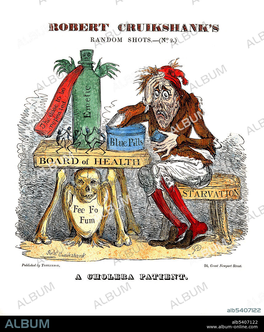 A cholera patient experimenting with remedies. Colored etching by Robert Cruikshank, 1832. The second cholera pandemic (1829-1851) reached London and Paris in 1831. In London, the disease claimed 6,536 victims and came to be known as "King Cholera". Although much is known about the mechanisms behind the spread of cholera, this has not led to a full understanding of what makes cholera outbreaks happen some places and not others. Lack of treatment of human feces and lack of treatment of drinking water greatly facilitate its spread. Bodies of water have been found to serve as a reservoir, and seafood shipped long distances can spread the disease.