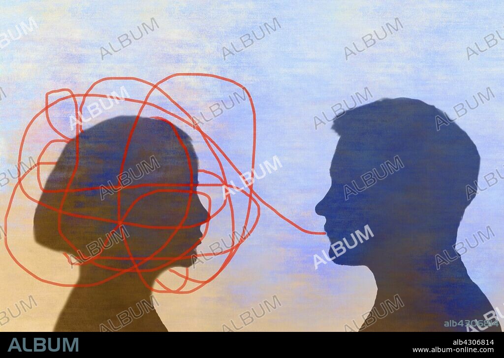 Man trapping woman in tangled line speech bubble.